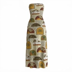 Paper Heart Maxi Dress Women S Beige Tropical Palm Tree Linen Blend Strapless